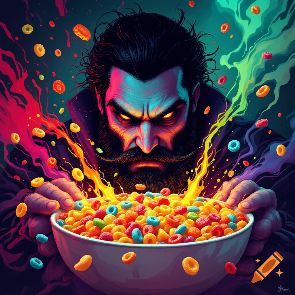 A sinister man with intense eyes is looking over a bowl of colorful cereal. The image is surrounded by vibrant effects.