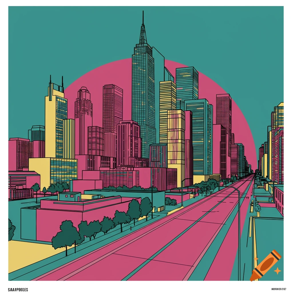 Colorful minimalist illustration of a city skyline with bold lines and flat colors.