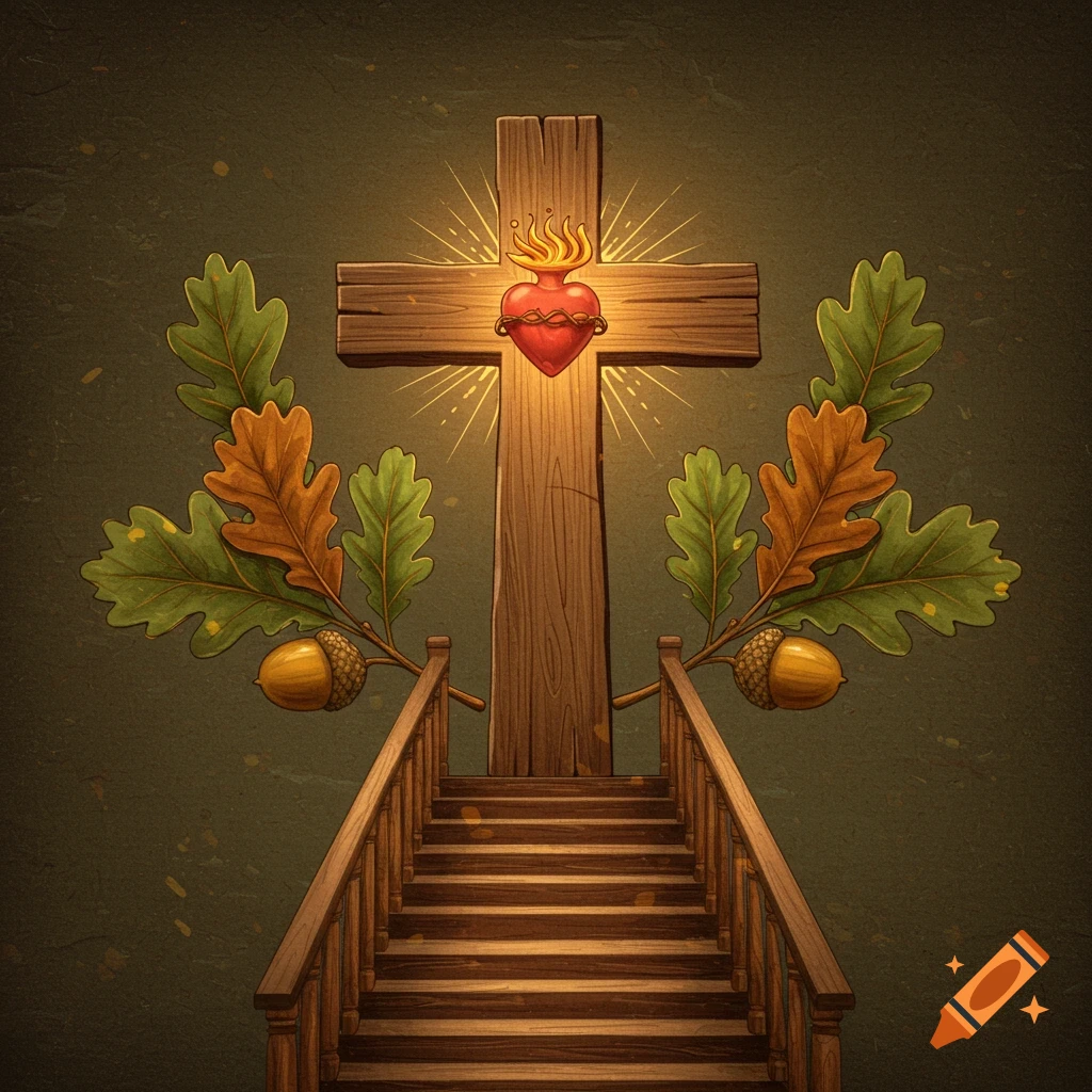 A wooden cross with a sacred heart, flanked by oak leaves and acorns, with stairs leading up.