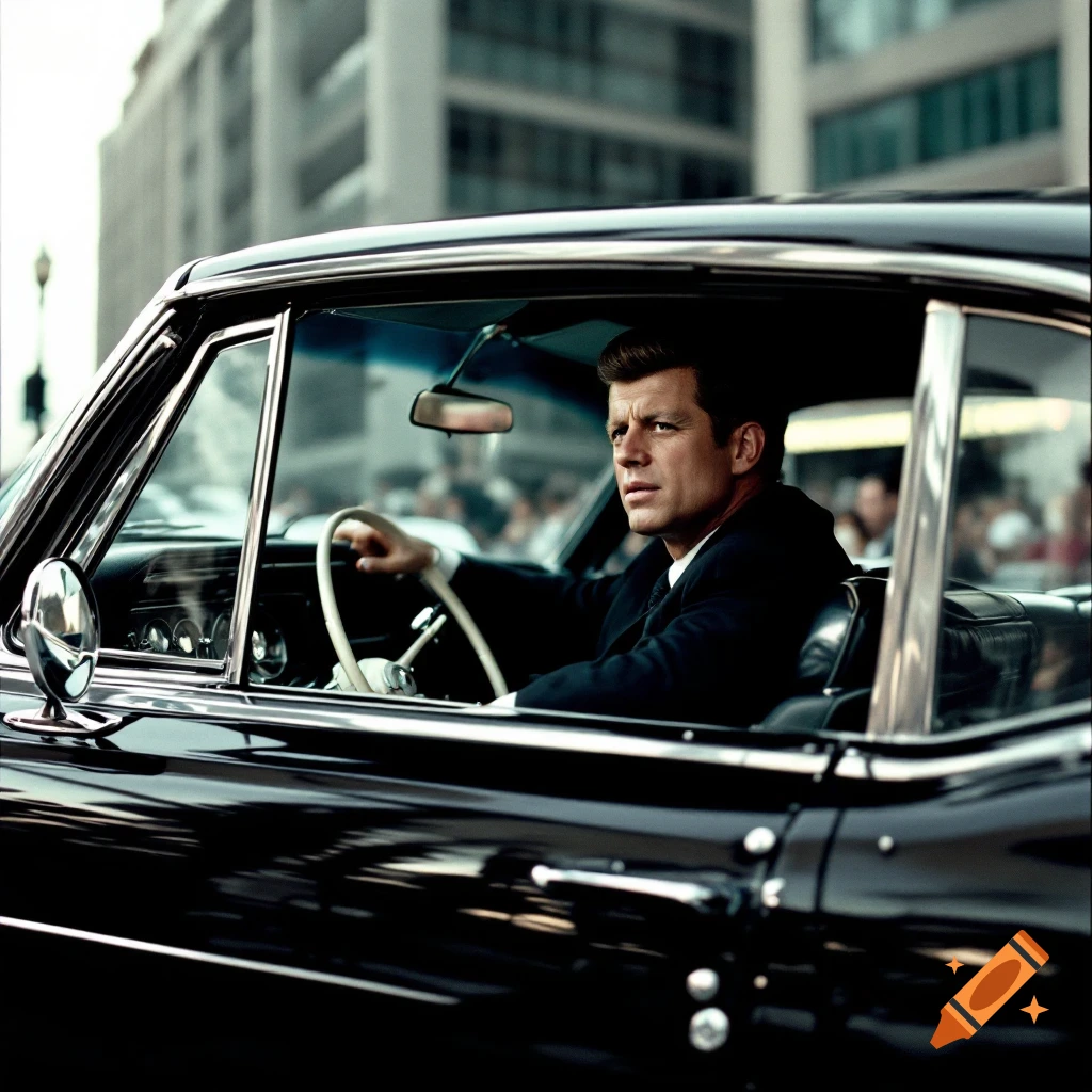 Photorealistic image of a man resembling JFK driving a black classic car on a city street.