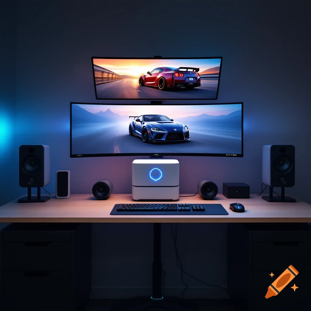 A gaming setup features two monitors displaying sports cars, a white PC, and peripherals on a wooden desk.