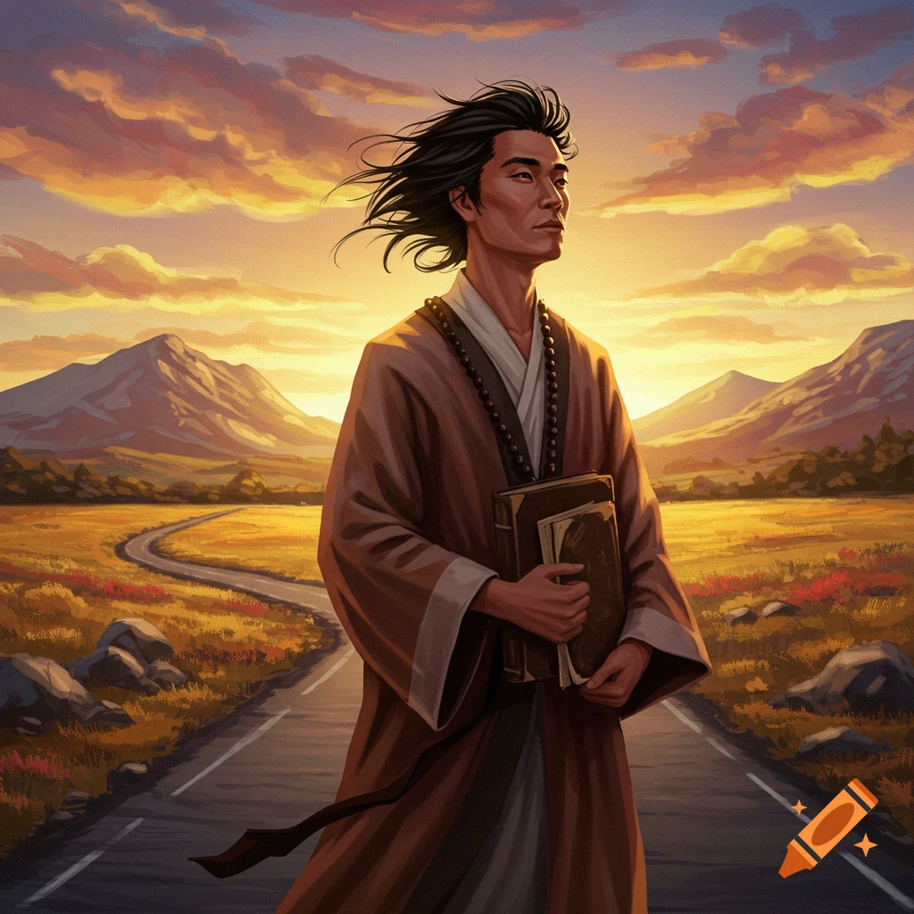 A person holding books is walking on a road at sunset.