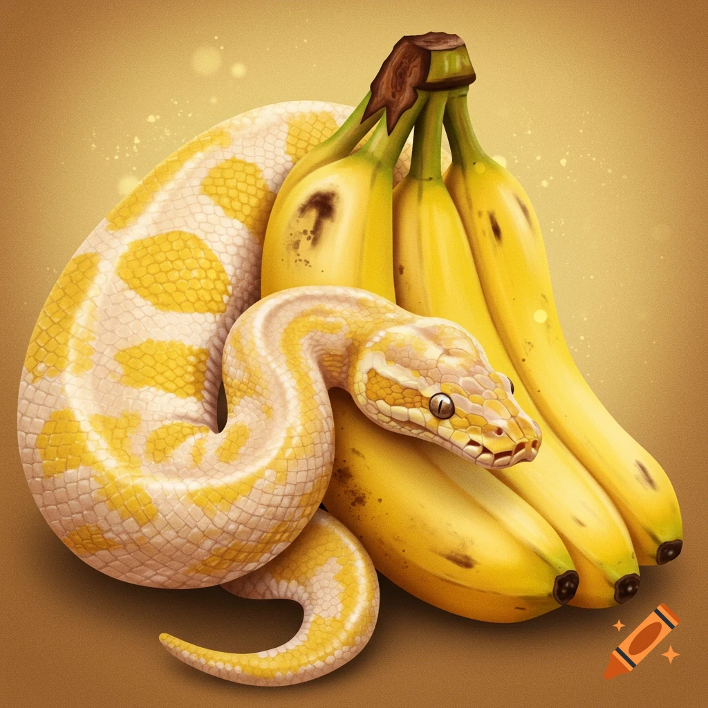 A yellow and white snake coiled around a bunch of bananas