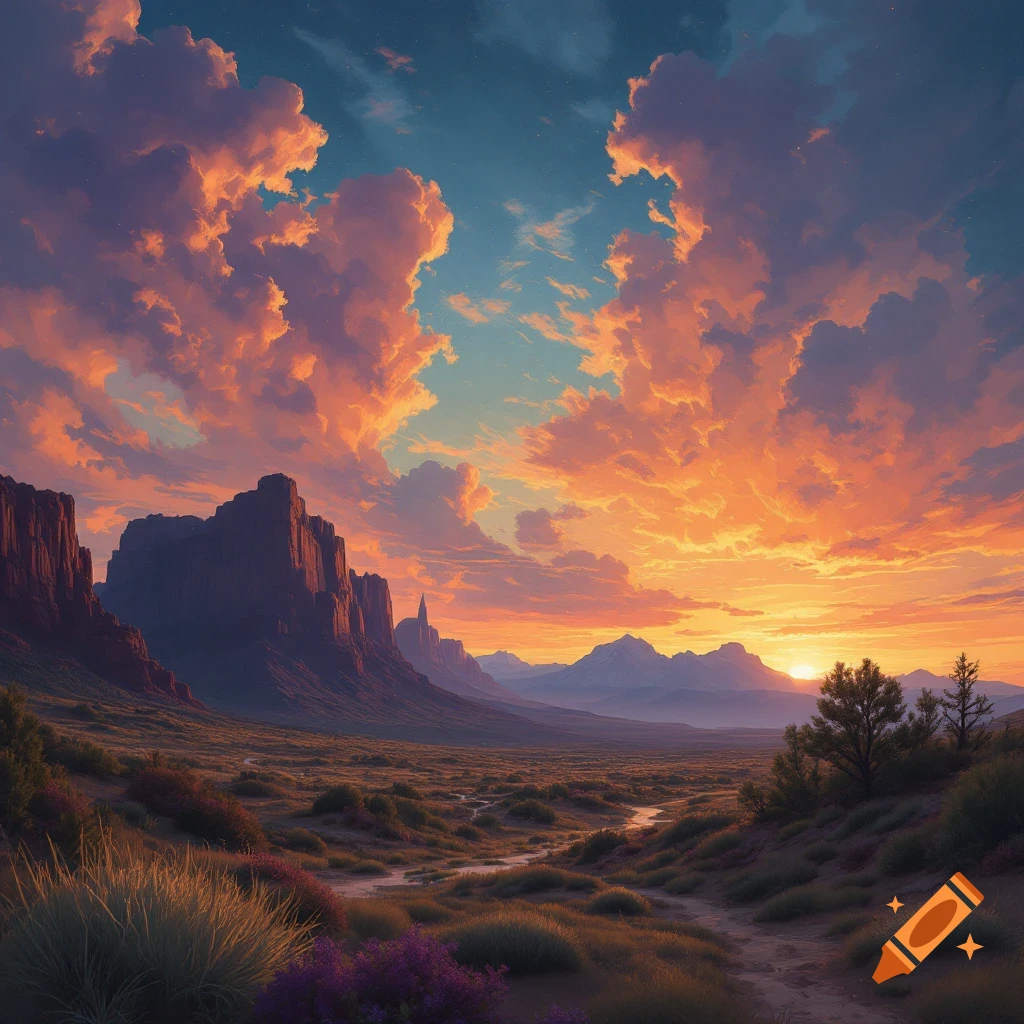 A valley landscape with dramatic orange clouds over rock formations at sunset.