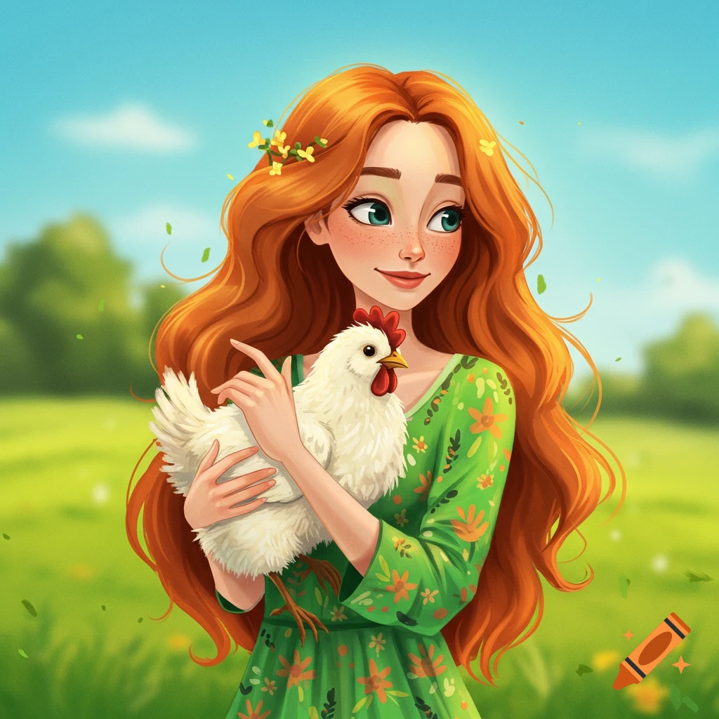 A woman with red hair is holding a white chicken in a field.