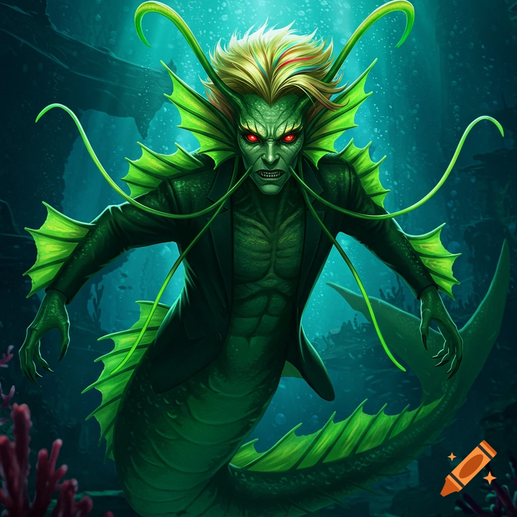 A green sea monster with red eyes, blonde hair, and a black suit underwater.