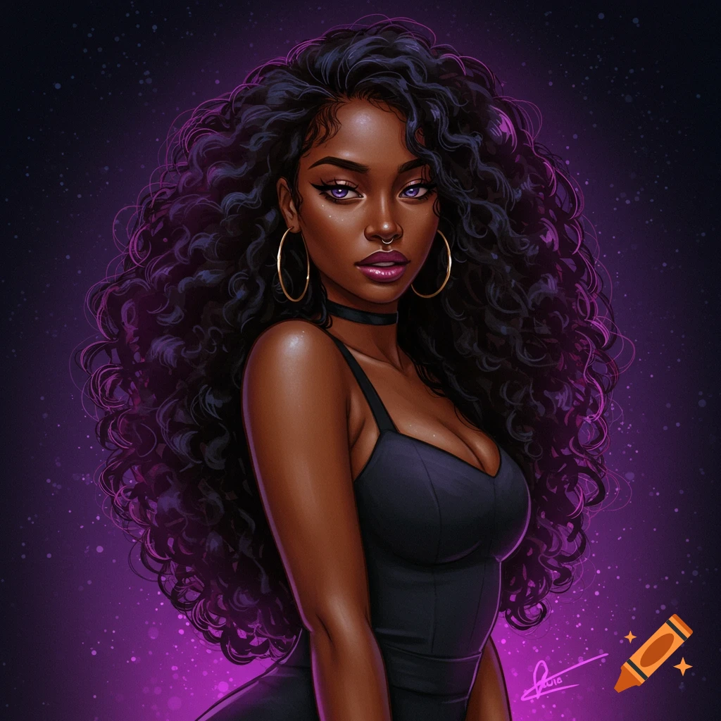 A woman with long, curly black hair and purple eyes, wearing a black top against a purple background.