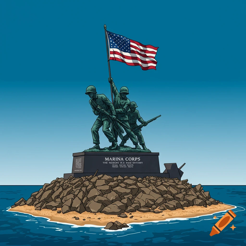 Cartoon war memorial statue of soldiers raising US flag on rocky island