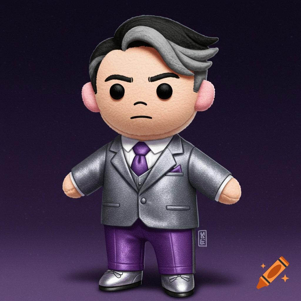 A digital art plushie figure wearing a silver tuxedo, purple pants, and silver shoes.
