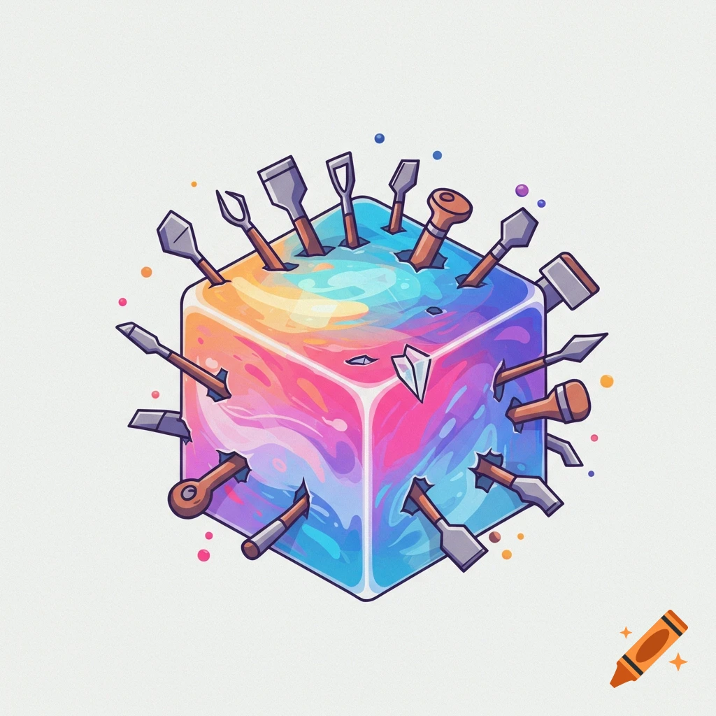 Colorful abstract cube with various tools stuck in it, illustration.