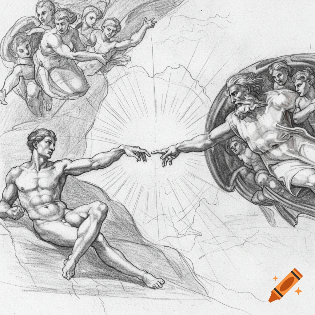 Pencil sketch of God and Adam reaching hands toward each other, based on The Creation of Adam.