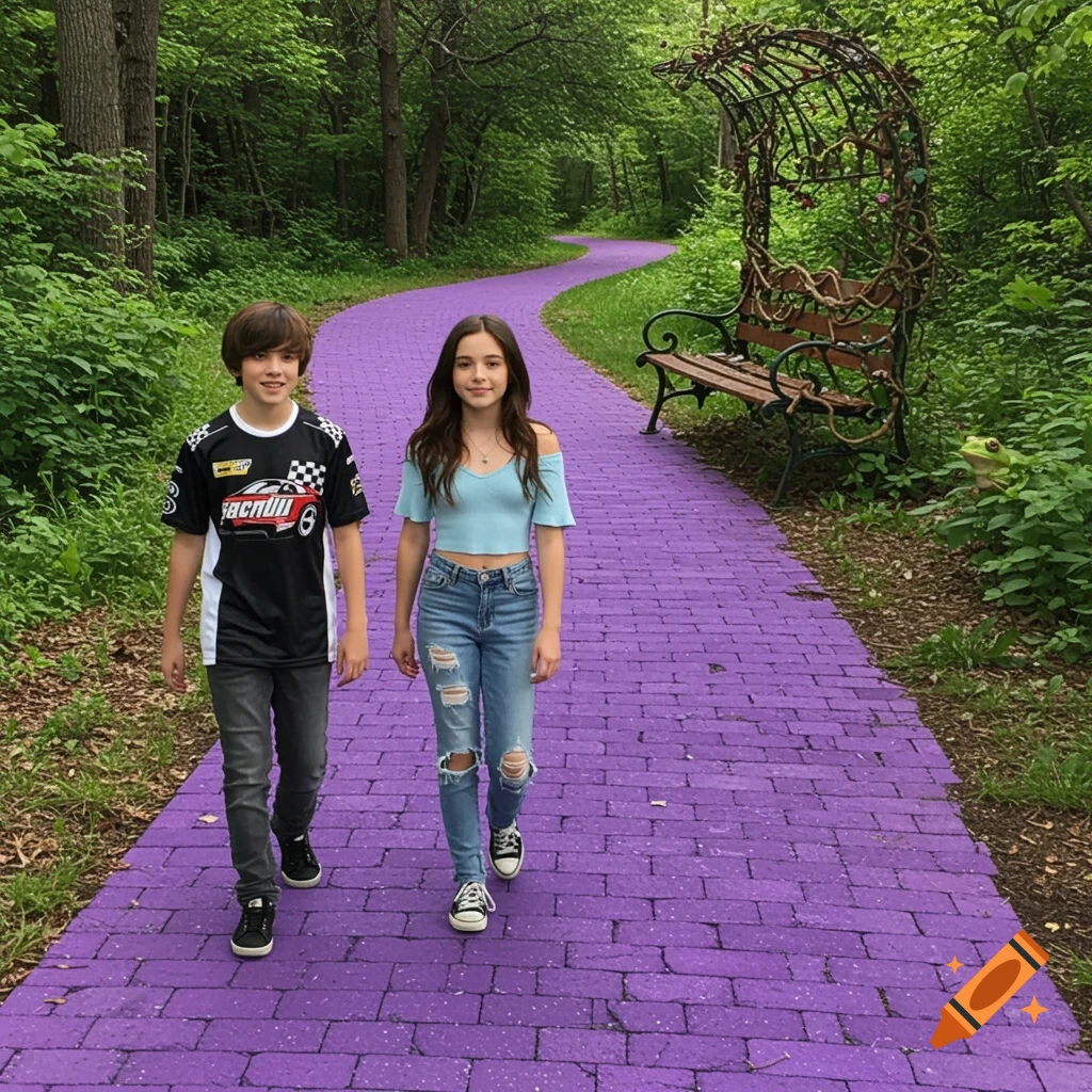 A boy and a girl walk hand-in-hand down a winding purple brick road through a forest. A metal arch bench is seen further up the path, and a frog sits by the bench.