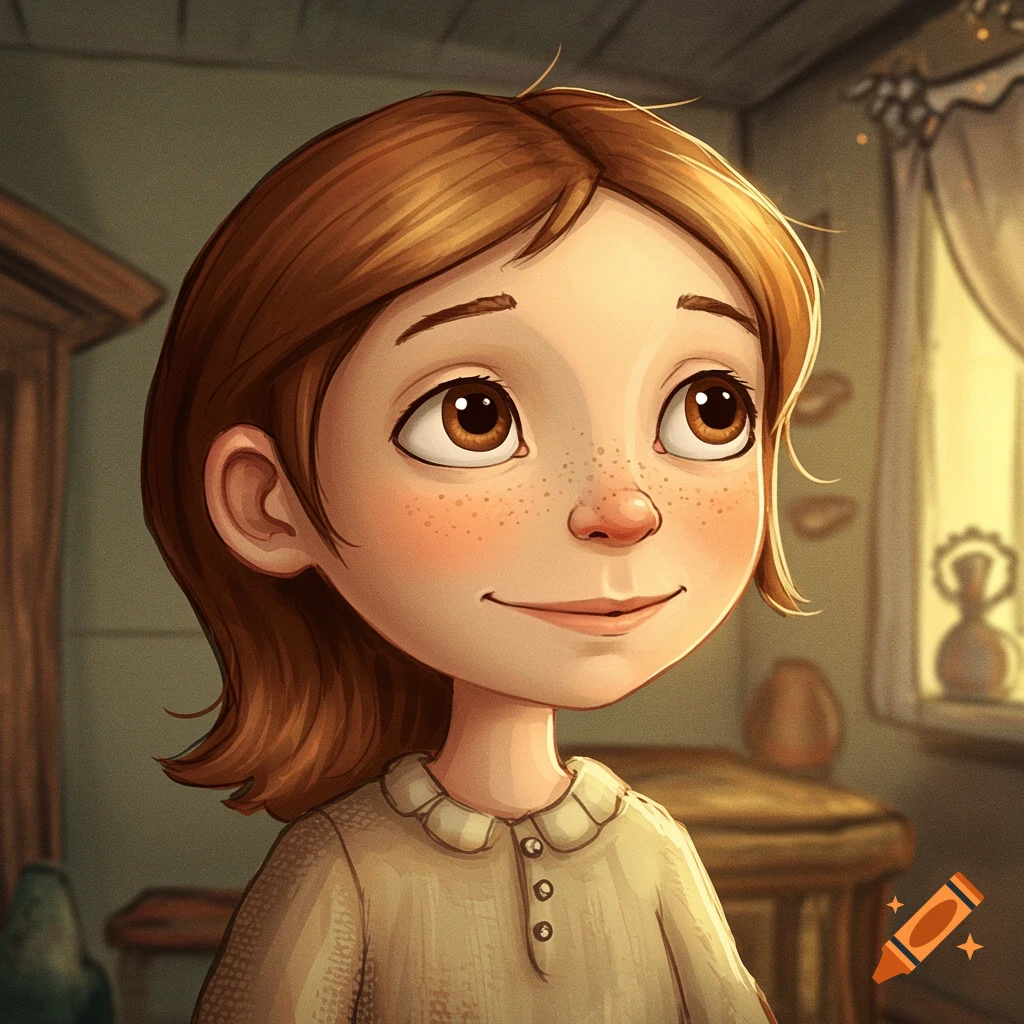 A smiling young girl with freckles looking up.