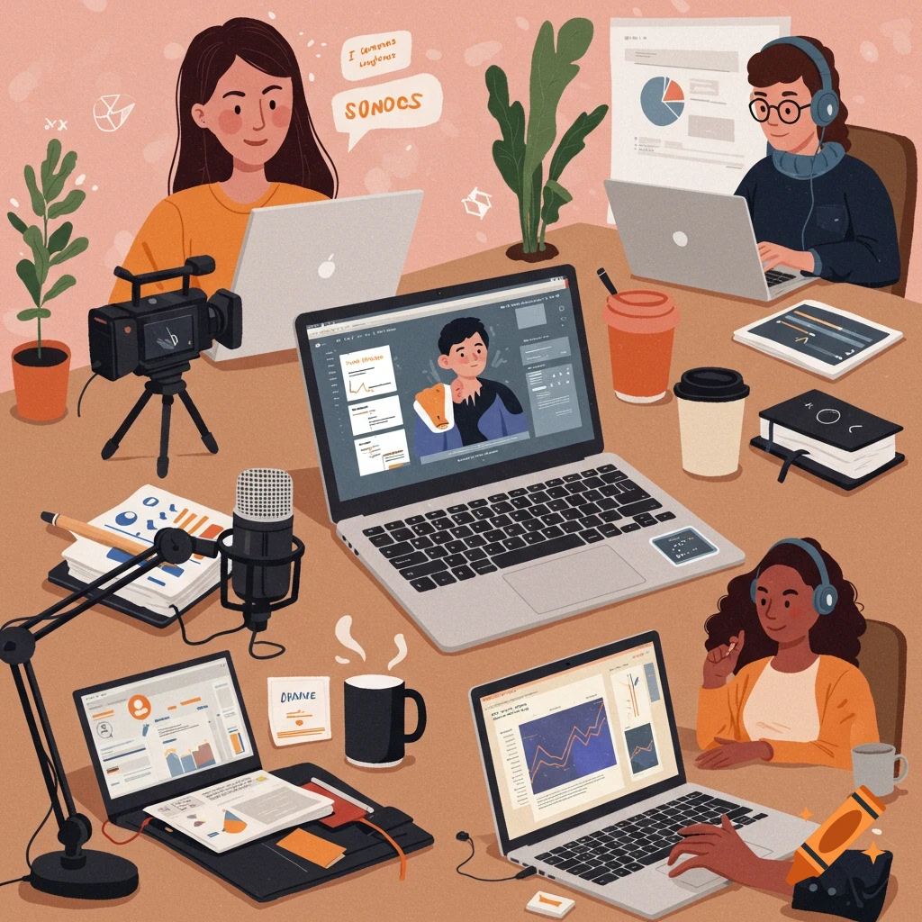 Digital illustration of three diverse people working at a large desk with laptops, cameras, microphones, and notebooks.