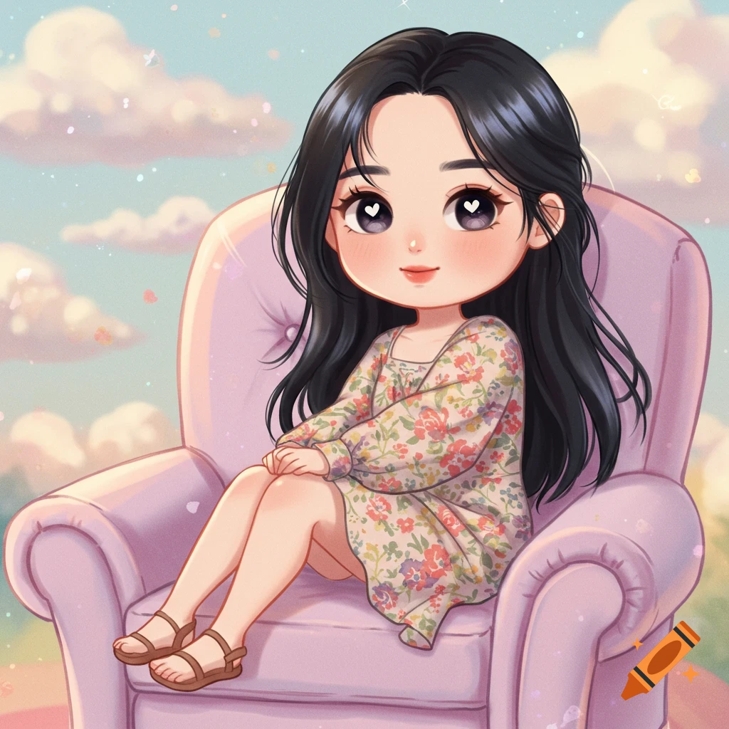 A cute chibi girl with heart-shaped eyes sits in a pink armchair against a cloudy sky.