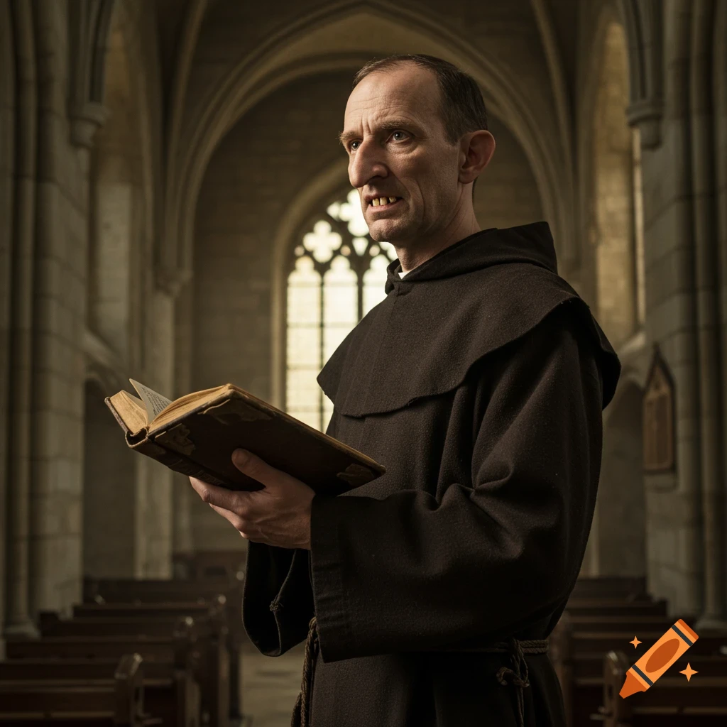 A medieval parson with buck teeth holds an open book inside a church.