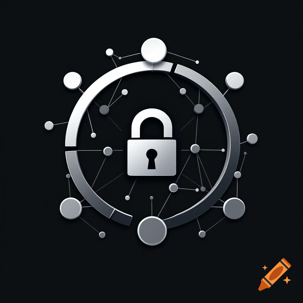 A stylized silver padlock centered within a network of interconnected nodes and lines on a black background.
