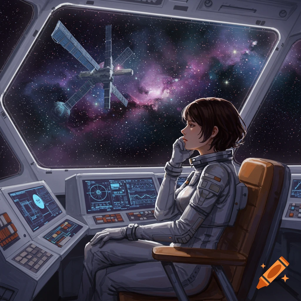 A woman in a spacesuit in a spaceship cockpit looks out at a space station and galaxy.