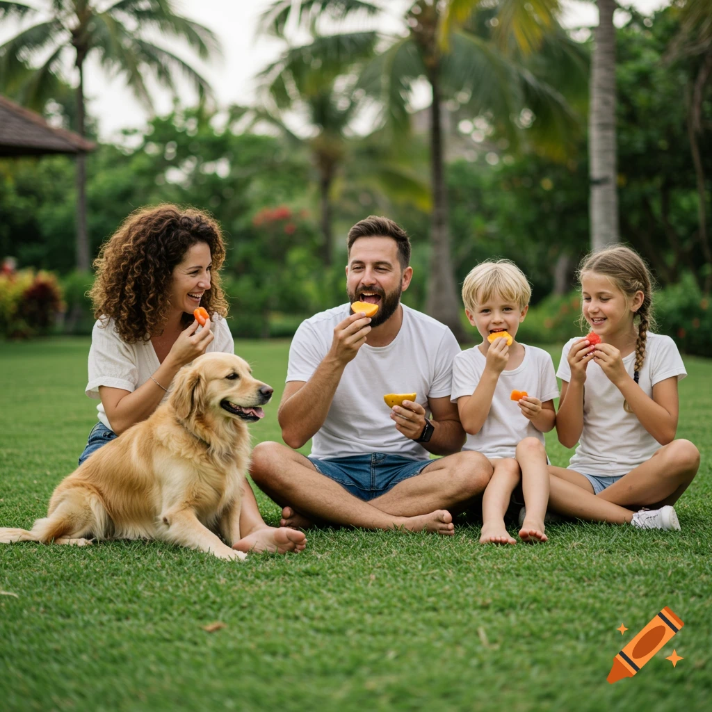 Family and golden retriever eating fruit on grass in garden.