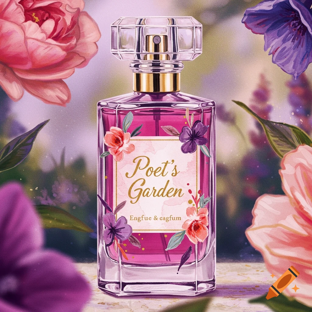 A perfume bottle among pink and purple flowers.