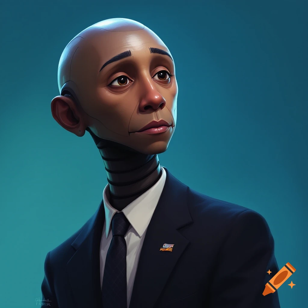 portrait of a stylized figure resembling Obama with a robotic neck, wearing a suit and tie.