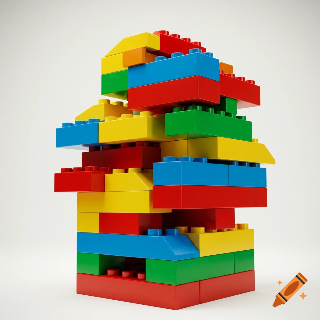 A tall tower of colorful building blocks against a white background.
