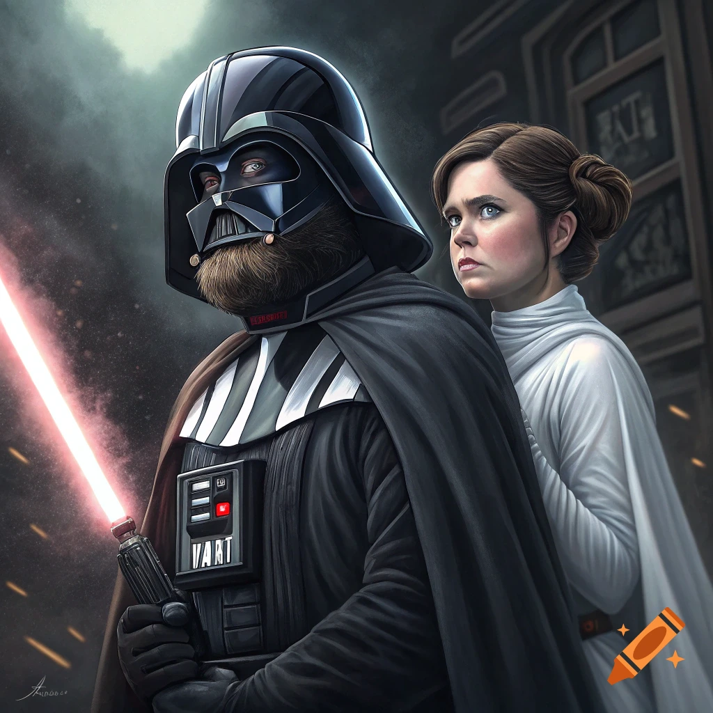 Darth Vader with a beard stands menacingly behind Princess Leia, holding a lightsaber.