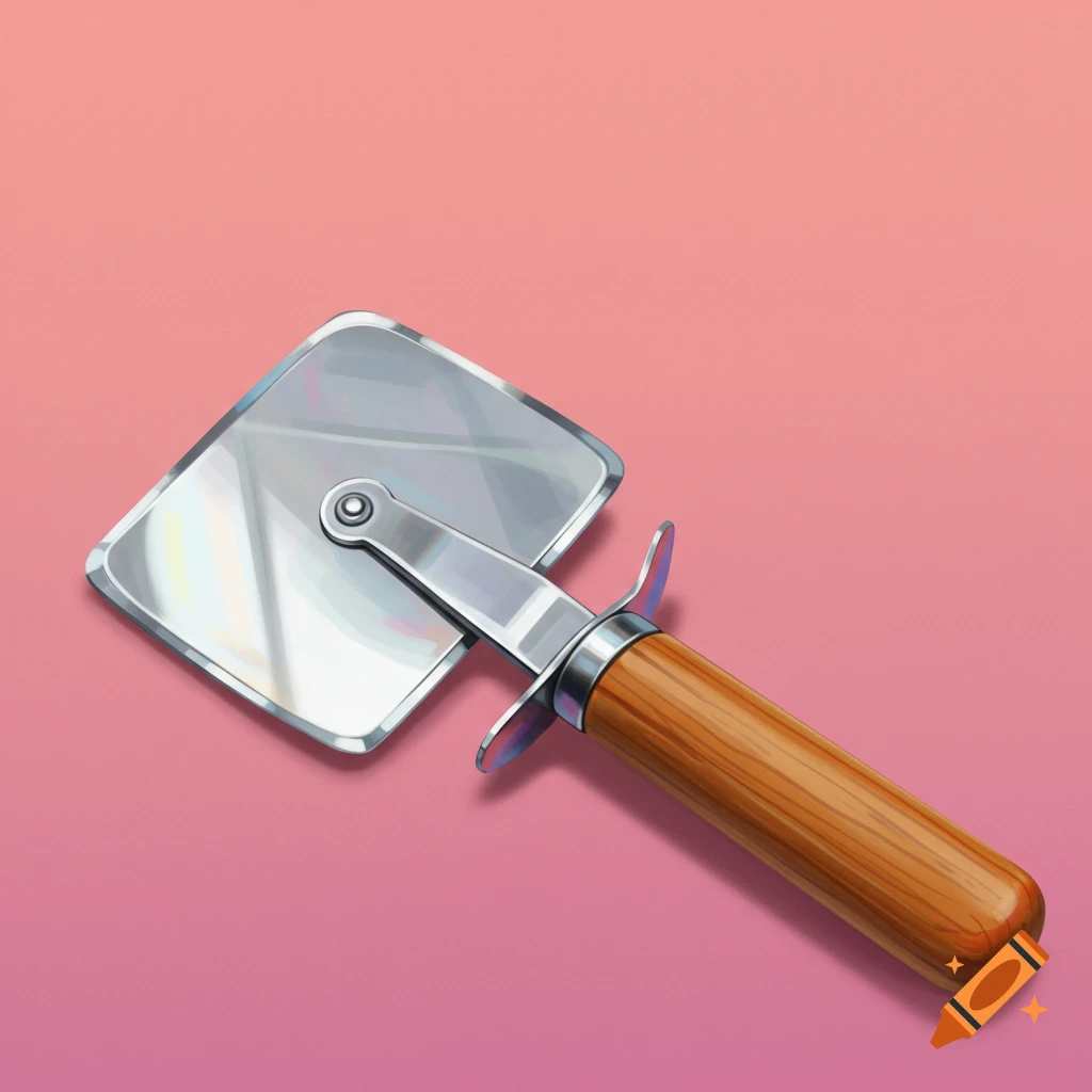 A pizza cutter with a square blade and wooden handle on a pink background.