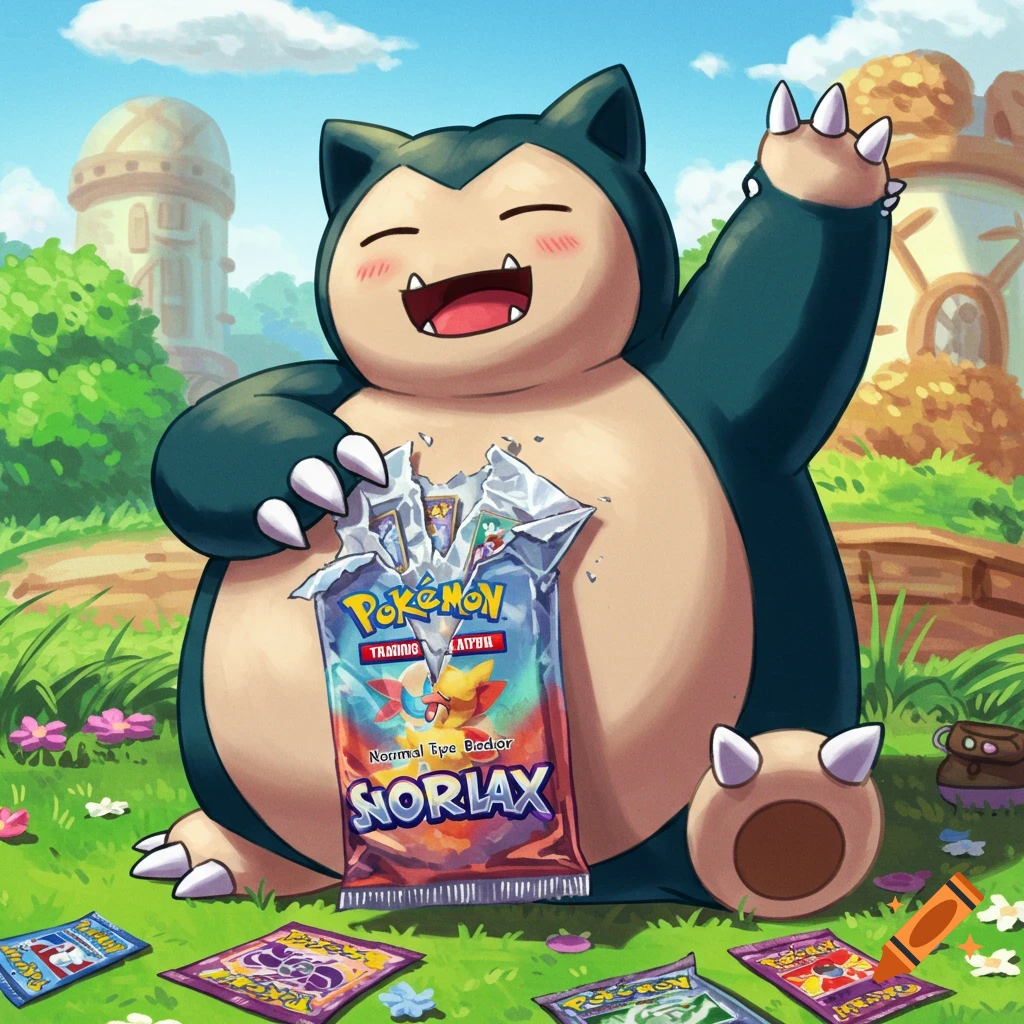 Snorlax ripping open a Pokemon card pack surrounded by cards on the grass.