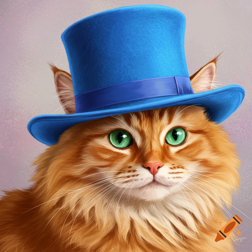An orange cat wearing a blue top hat.