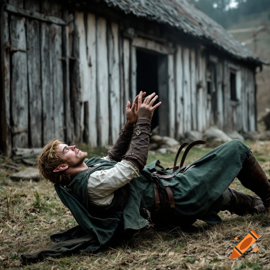 A person with pointed ears in medieval fantasy clothing lies on the ground near a rustic wooden building.
