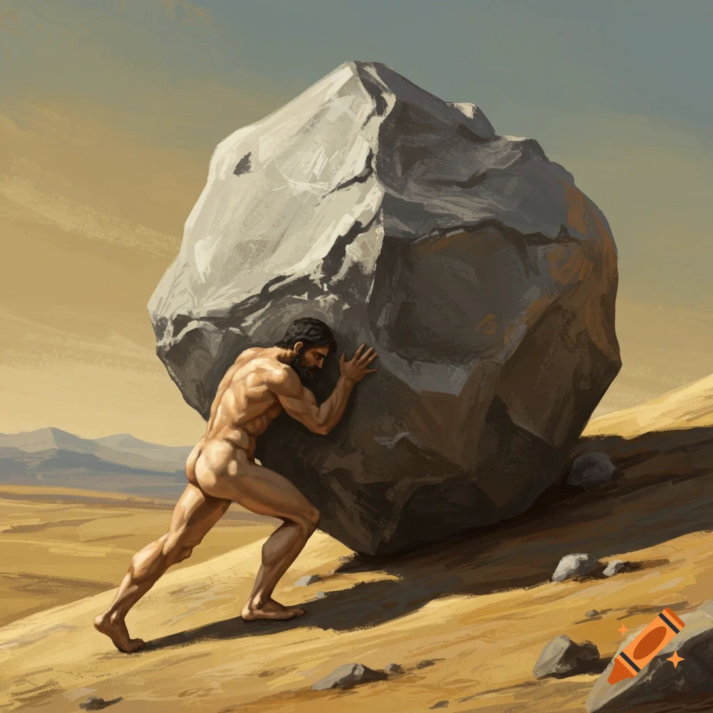 A muscular man pushes a large rock uphill in a barren landscape.