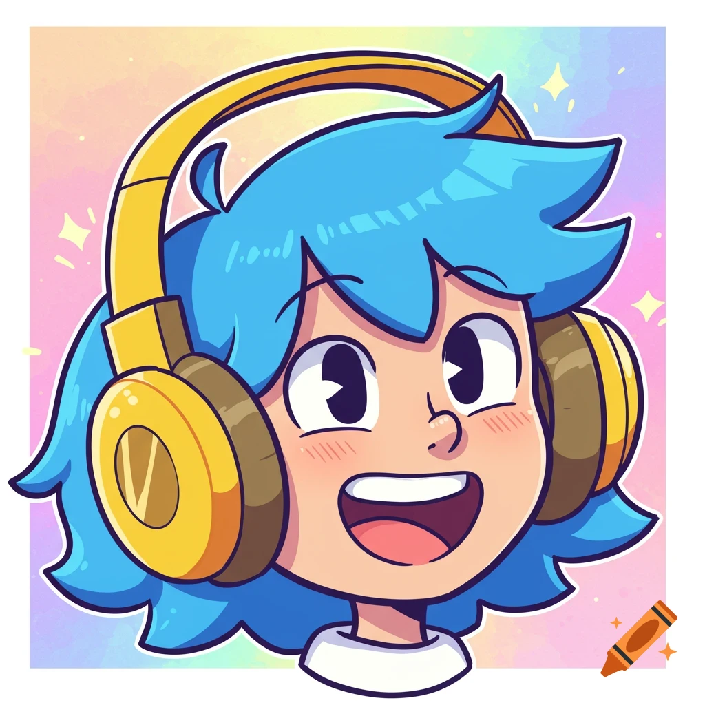 A cartoon portrait of a person with bright blue hair and large yellow headphones smiling.