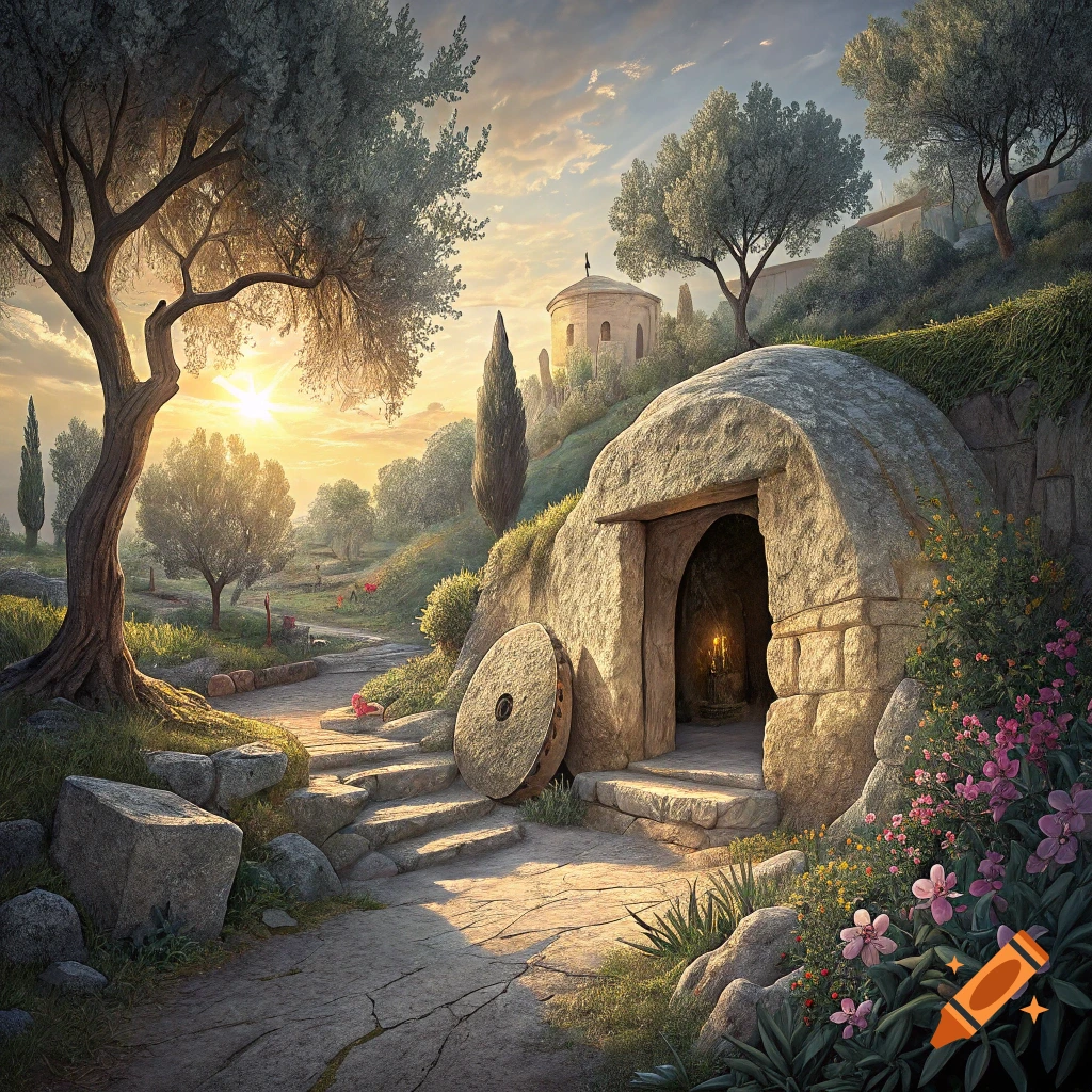 Jesus's empty tomb at sunrise with the stone rolled away, surrounded by trees and flowers.