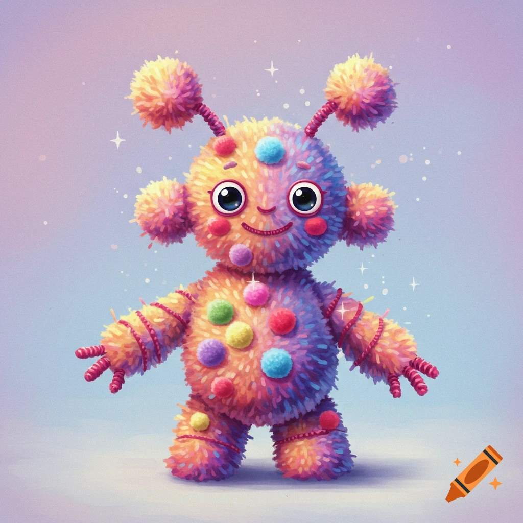 A friendly, colorful creature made of pom poms and pipe cleaners.