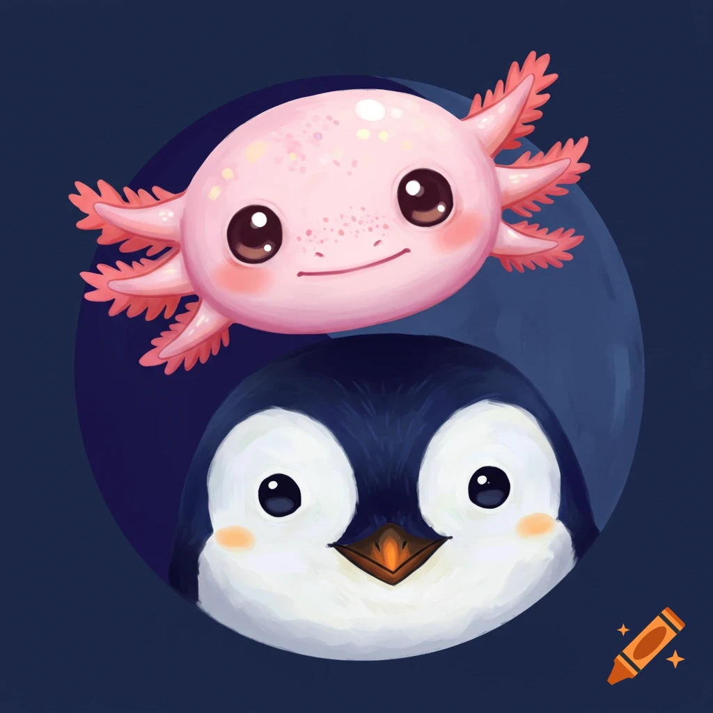 Cute image of a pink axolotl head above a penguin head in a blue circle.