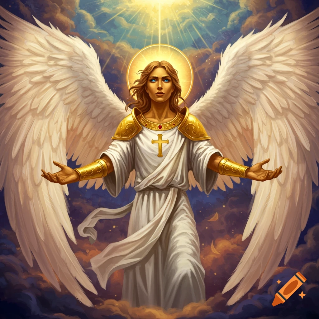 A powerful holy angel with large wings and golden armor stands in clouds.