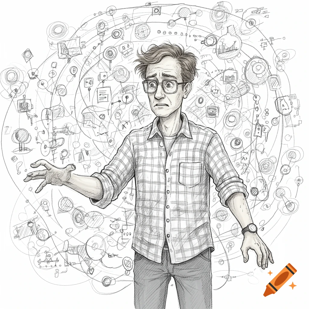 Pencil sketch illustration of a confused man with glasses surrounded by intricate lines and symbols