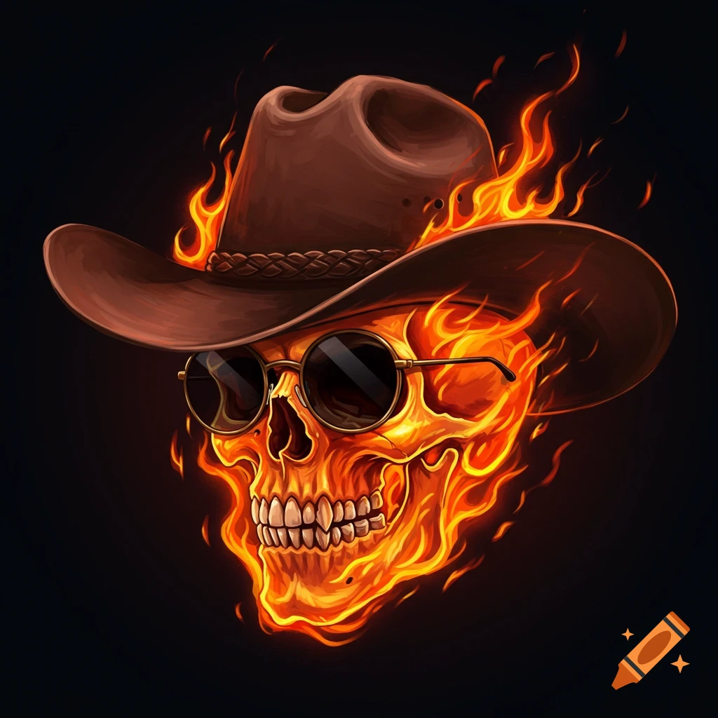 A flaming skull wearing a cowboy hat and round sunglasses
