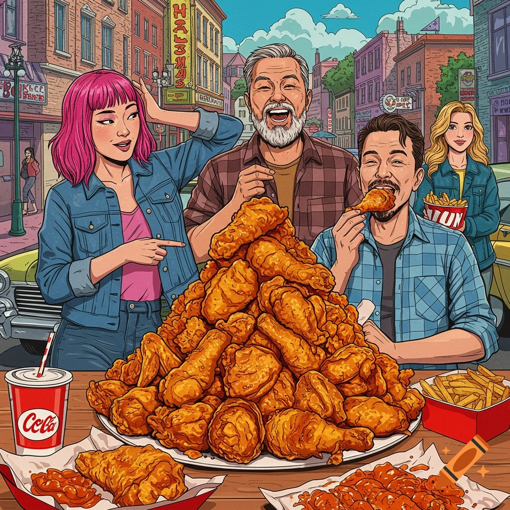 Four people enjoying a huge pile of fried chicken, fries, and soda in an outdoor street scene.