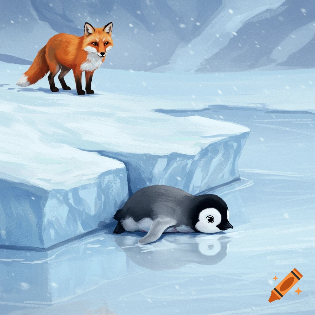 A fox on ice looking at a baby penguin lying in the snowy water.