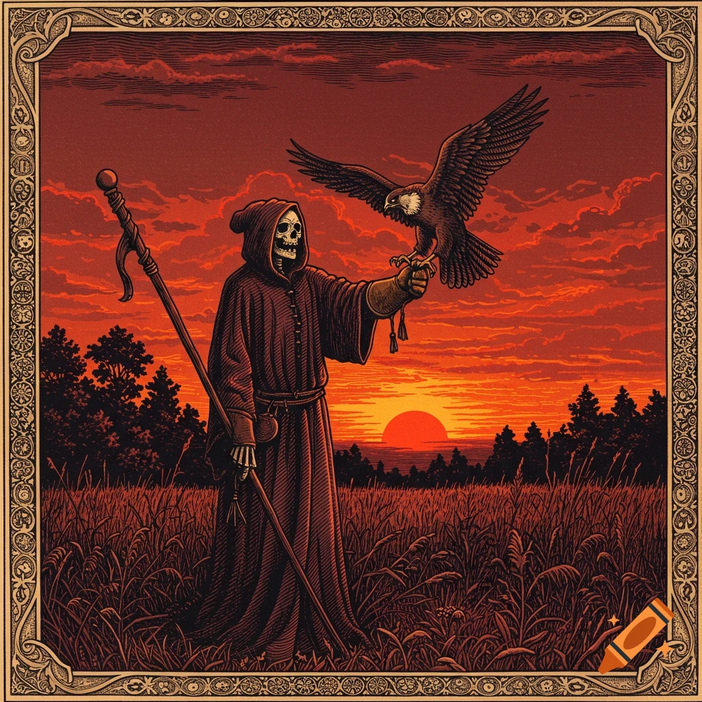 Grim Reaper holding a falcon in a field at sunset, engraving style
