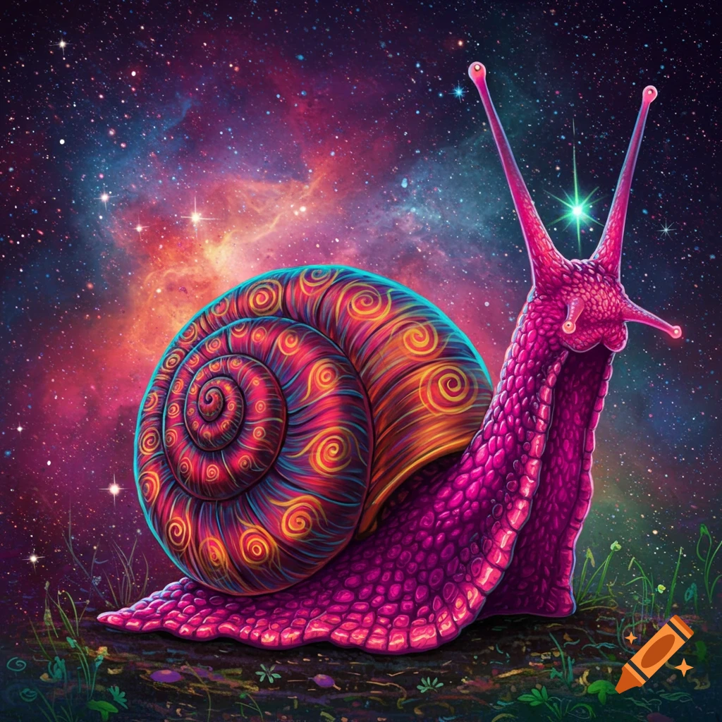 A psychedelic snail with a swirling shell against a backdrop of a colorful nebula.