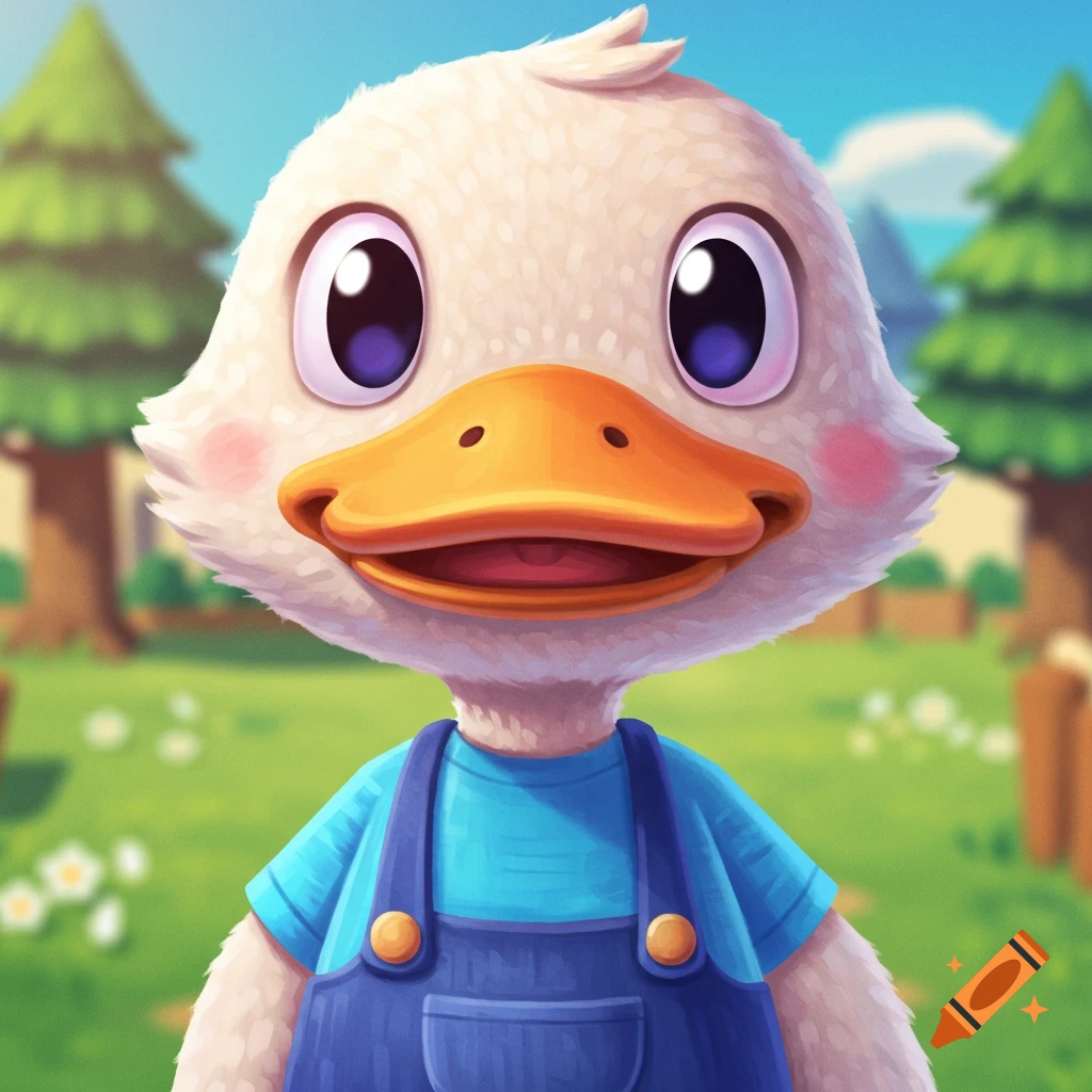 A cute cartoon duck wearing blue overalls, standing in a grassy field with trees and houses in the background.