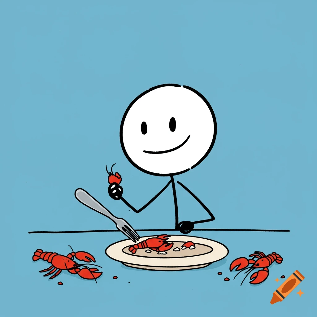 A cartoon stick figure eats lobster at a table.