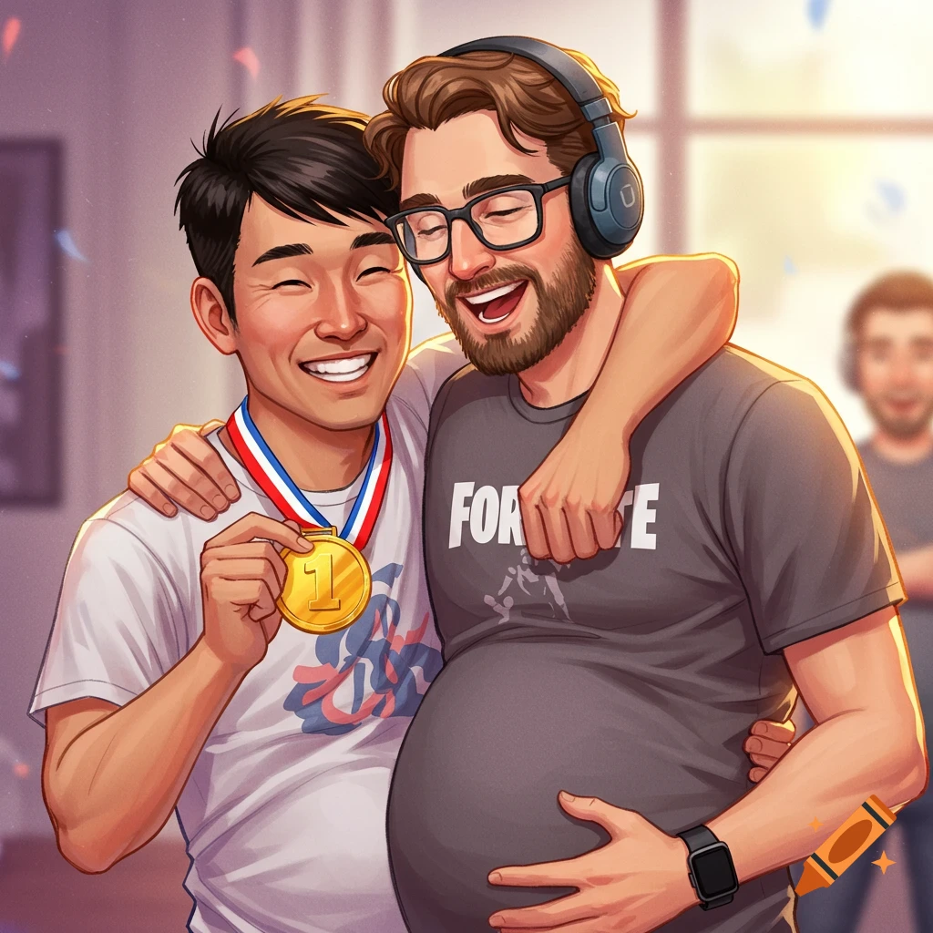 A picture of two happy men, one wearing a medal and hugging his pregnant boyfriend wearing headphones and a shirt.