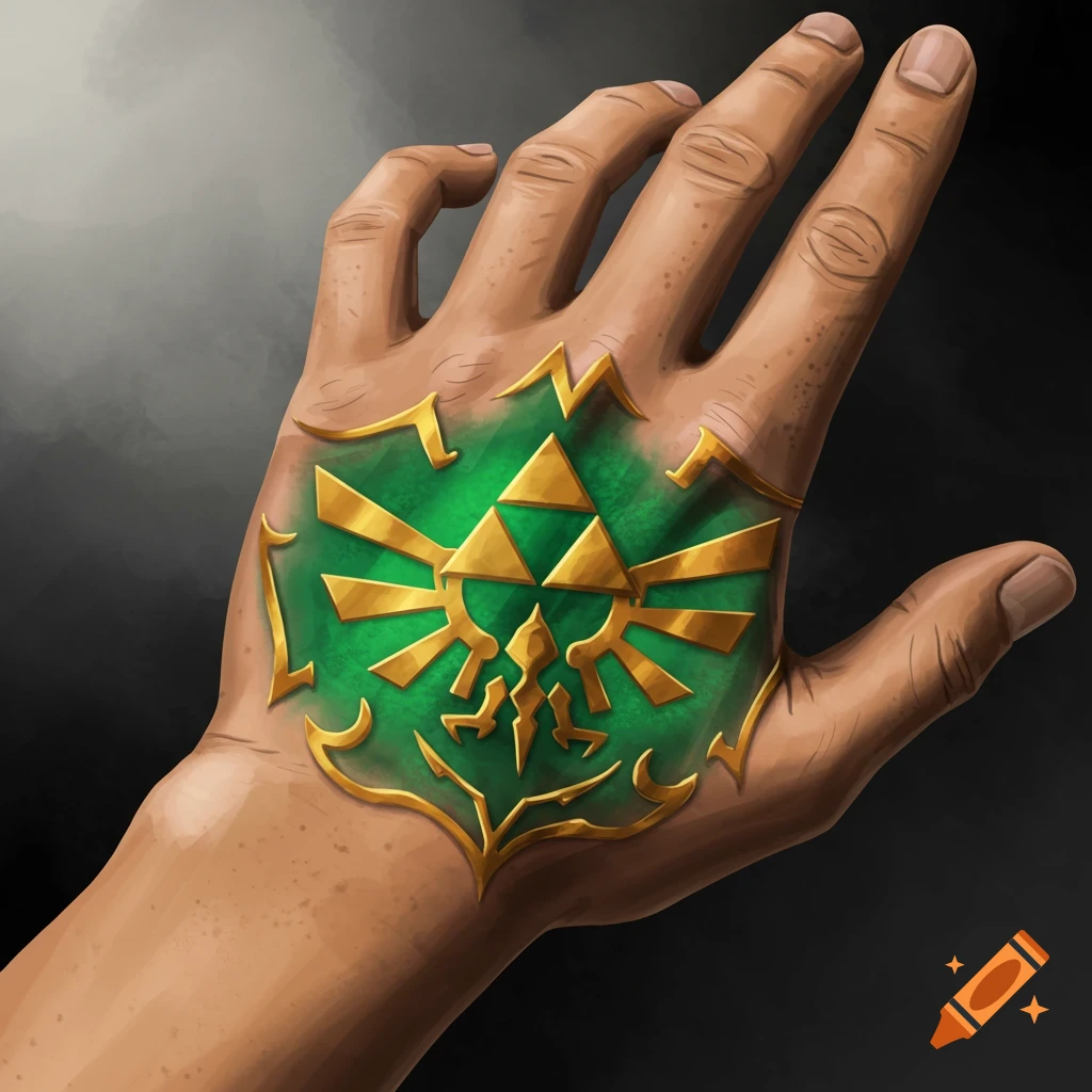 A hand with a green and gold Triforce tattoo