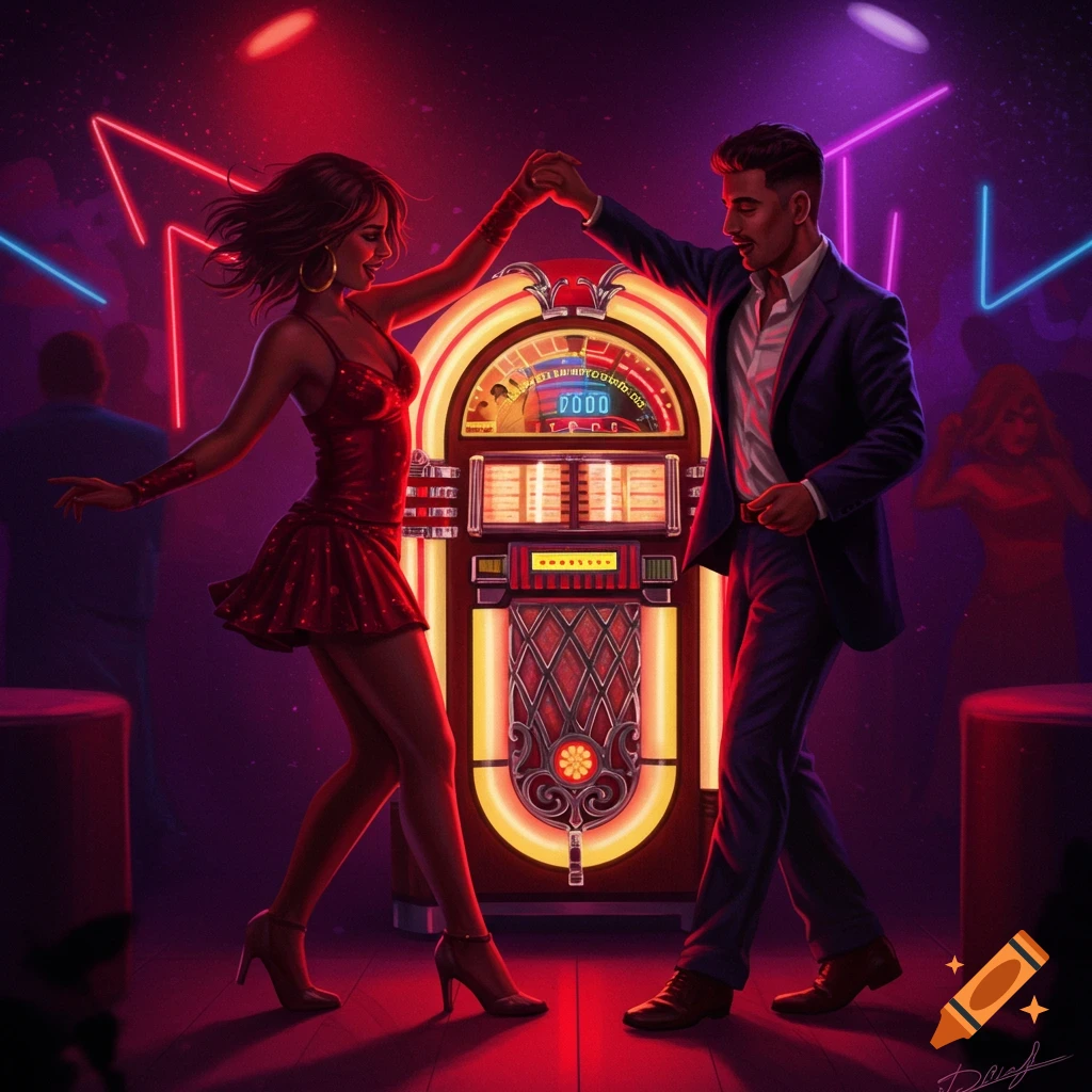 A couple dances by a vintage jukebox in a neon-lit nightclub.