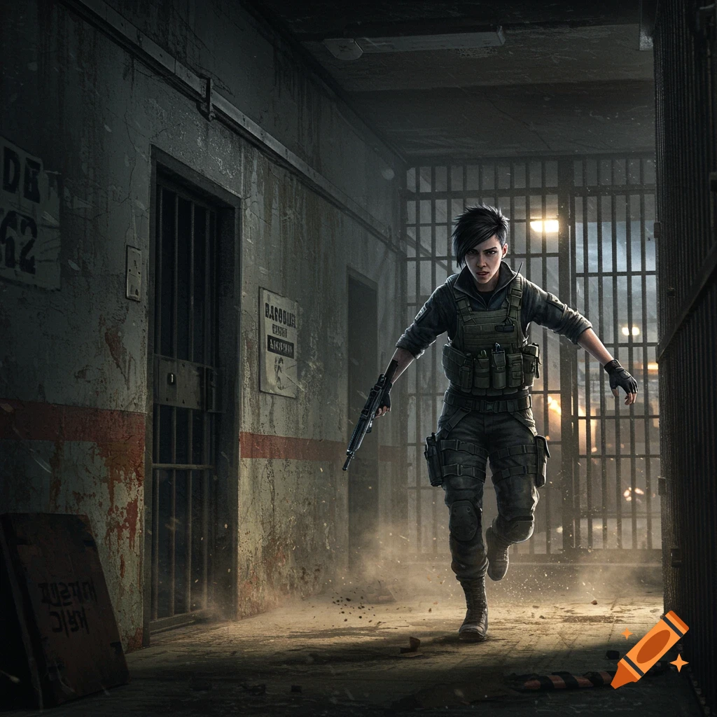 A soldier in tactical gear running through a dusty prison hallway.