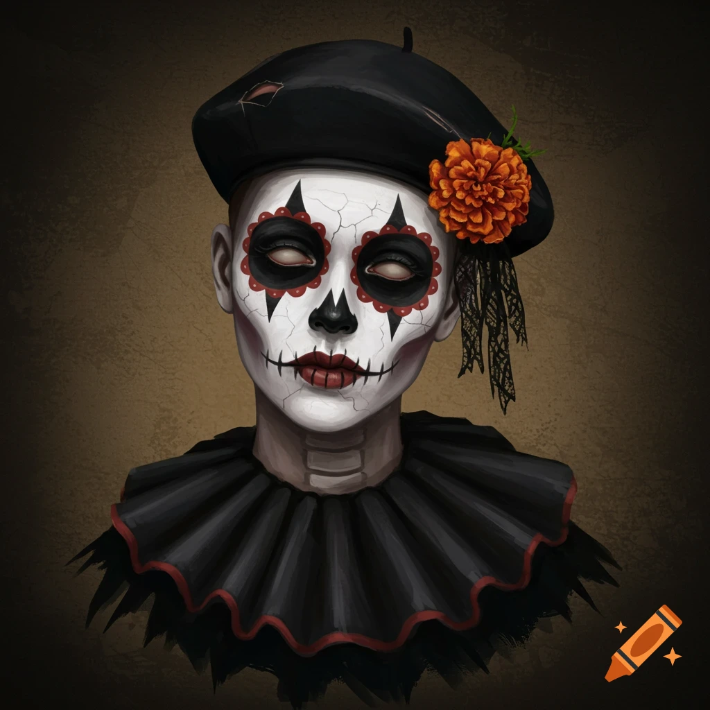 Stylized portrait of a character with white cracked paint, skull-like makeup, black beret, and ruffled collar.
